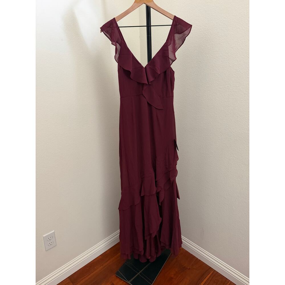Lulus Charming Event Burgundy Asymmetrical Ruffled Maxi Dress S - Picture 3 of 5